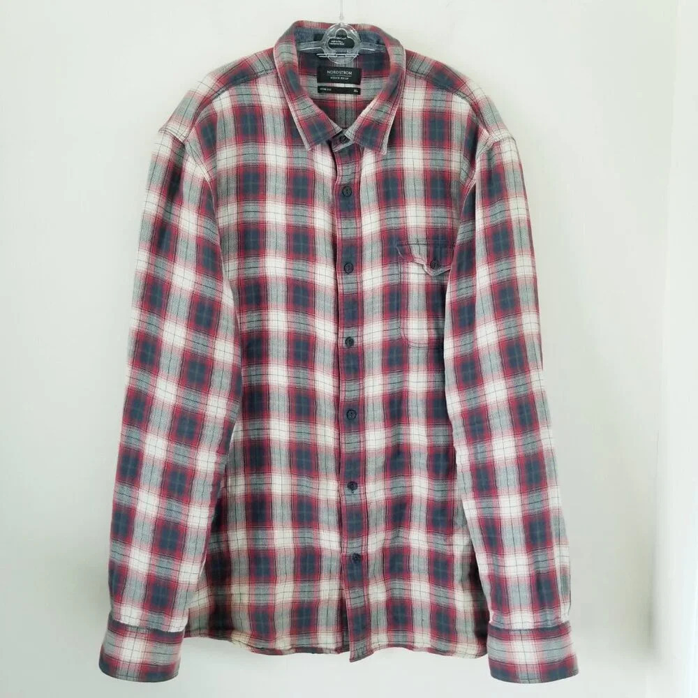 Nordstrom Men's Shop Size XL Trim Fit Classic Plaid Farm Shirt Grunge Western